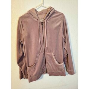 HUE Womens Velour Zip Up Hoodie Mauve Dusty Rose Velvet Sweatshirt Size L